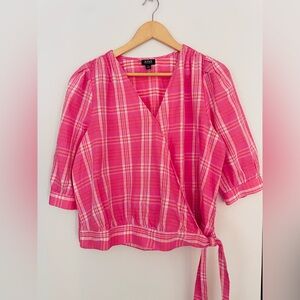 A.n.a. Pink plaid 3/4 sleeve blouse size medium new Checkered Wrap Blouse